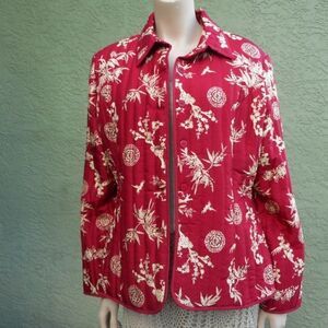 EUC VINTAGE CAROL LITTLE Thick Red & Cream Jacket w/Asian Print & Red Beads